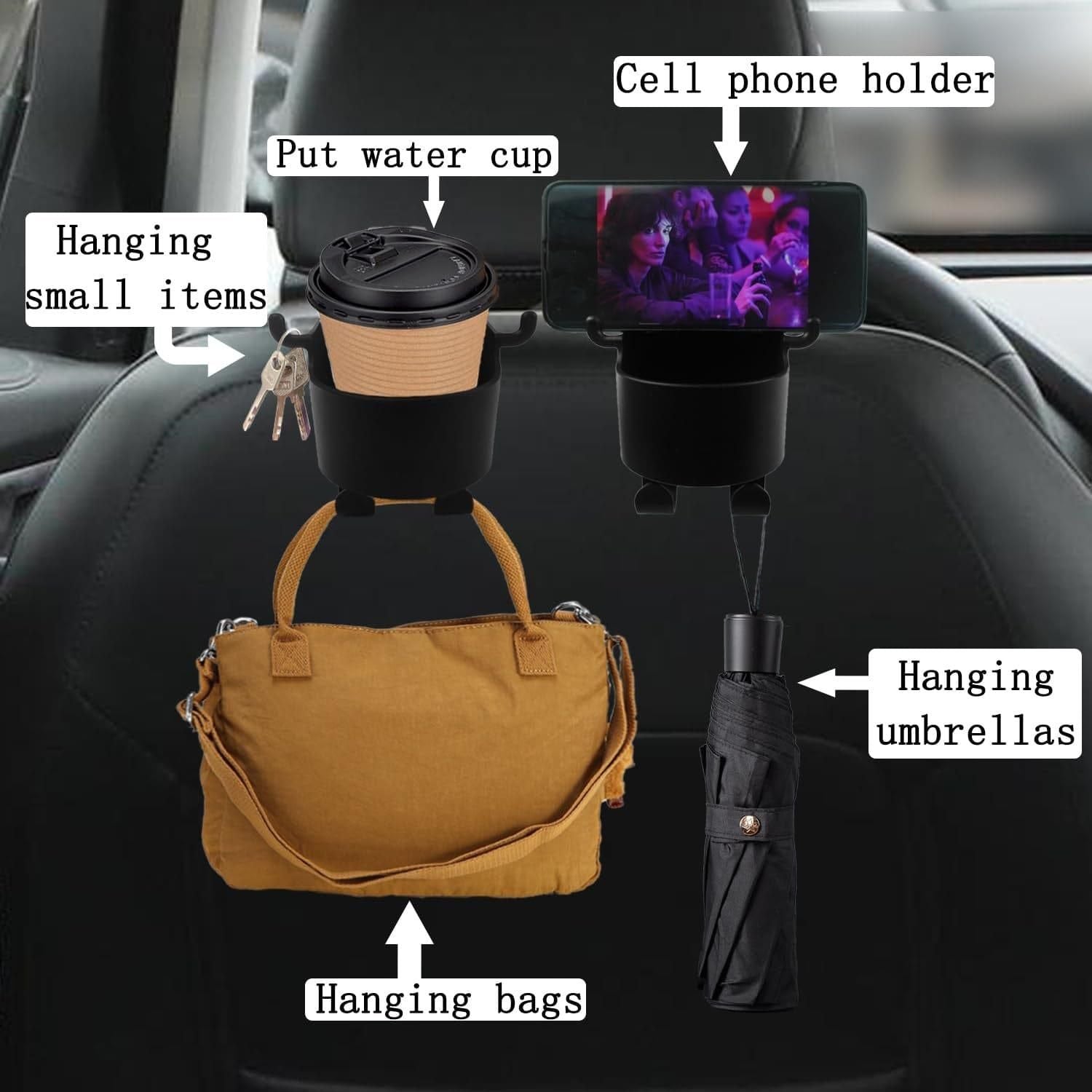 Trenqle 2-in-1 Car Backseat Hanging Cup Holder & Mobile Stand (Pack of 2) | Multifunction Storage Organizer for Travel