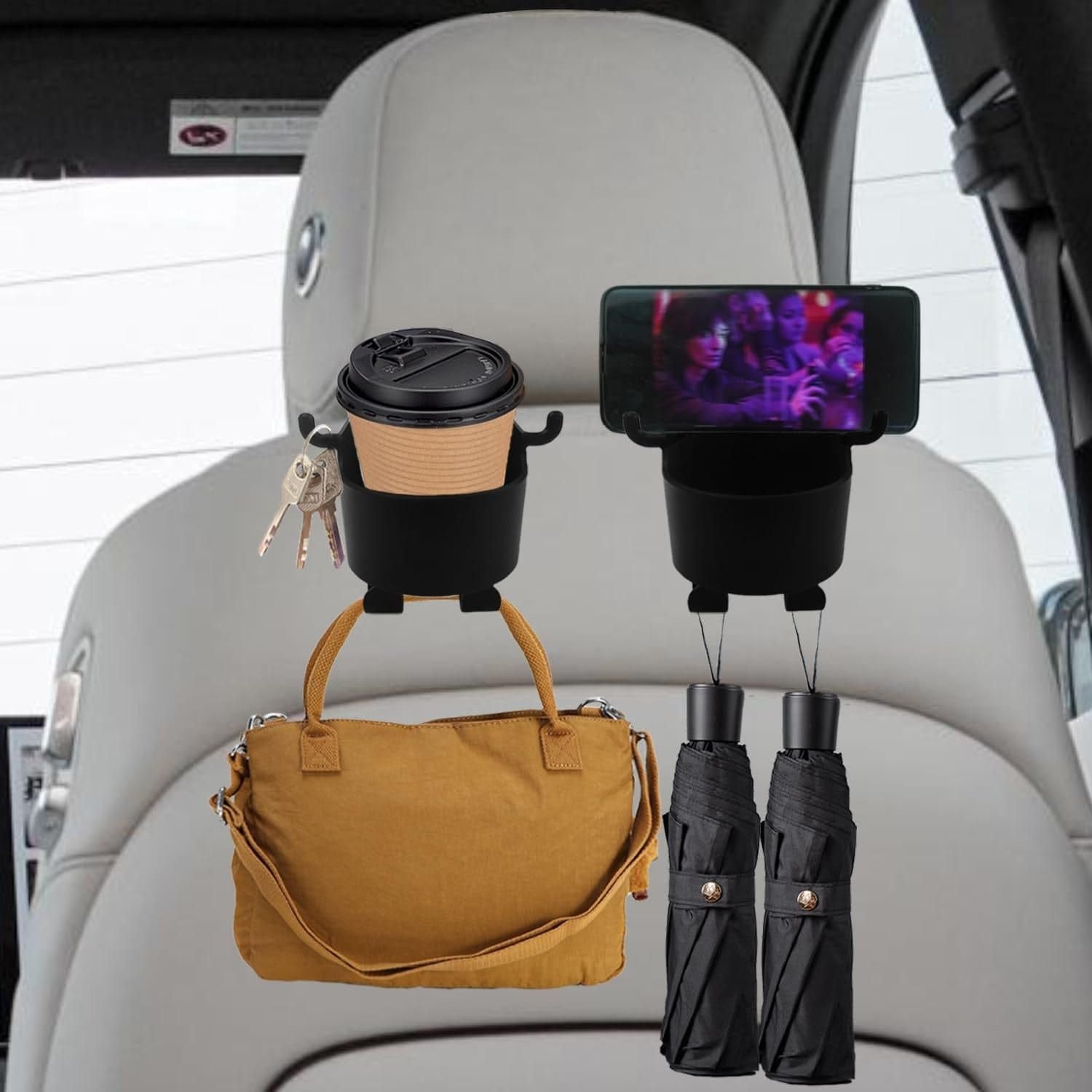 Trenqle 2-in-1 Car Backseat Hanging Cup Holder & Mobile Stand (Pack of 2) | Multifunction Storage Organizer for Travel